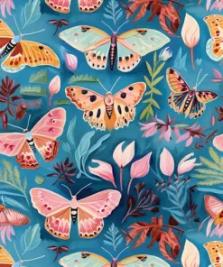 Moths on blue wide fabric
